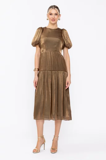Rochie Caramel elegantă voal peliculizat aurie R8635