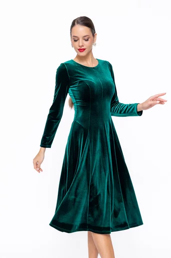 Rochie Caramel midi din catifea în clini verde R8577