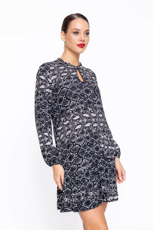 Rochie Caramel neagră din vâscoză cu imprimeu șarpe R8604 thumbnail picture - 