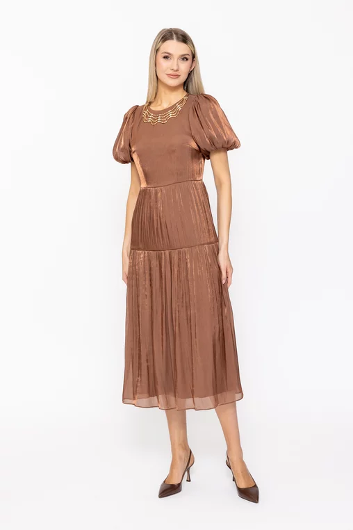 Rochie Caramel voal peliculizat cu accesoriu maro R8628 thumbnail picture - 