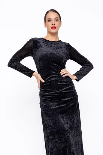 Rochie elegantă din catifea cu strasuri neagră RLAM1106
