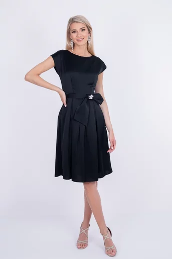 Rochie eleganta  din satin neagra cu cordon si accesoriu  R8248
