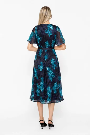 Rochie elegantă din voal cu cordon turcoaz R8640