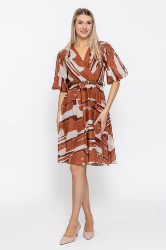 Rochie midi din vâscoză cu cordon bej R8629caramel