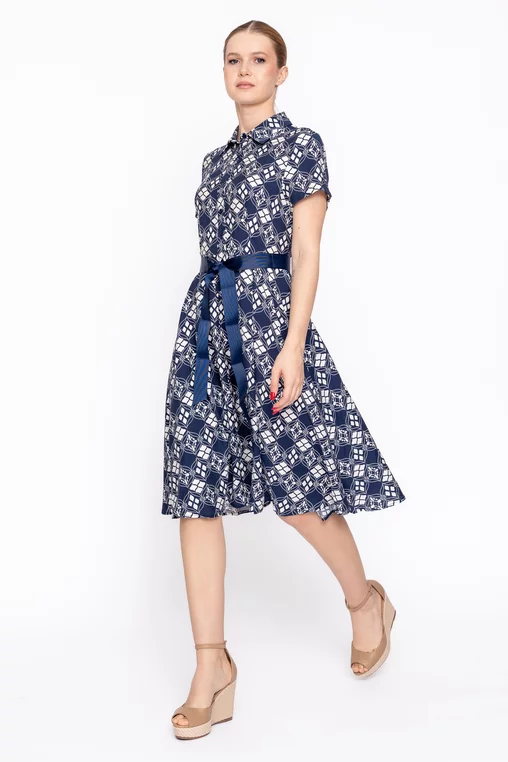 Rochie imprimeu geometric cu cordon ripsat bleumarin RBD60207 thumbnail picture - 