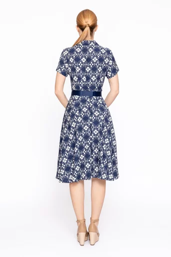 Rochie imprimeu geometric cu cordon ripsat bleumarin RBD60207