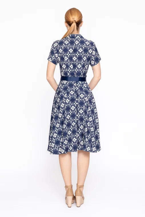 Rochie imprimeu geometric cu cordon ripsat bleumarin RBD60207 thumbnail picture - 