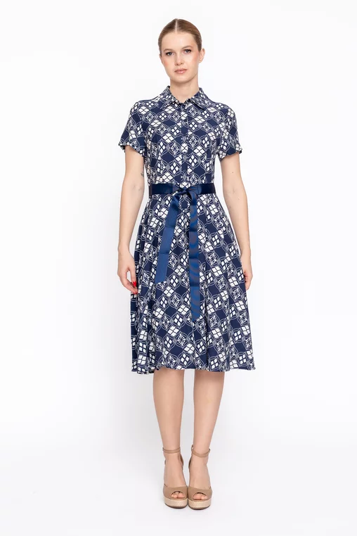 Rochie imprimeu geometric cu cordon ripsat bleumarin RBD60207 thumbnail picture - 