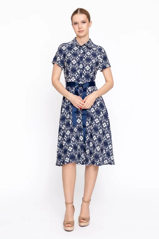 Rochie imprimeu geometric cu cordon ripsat bleumarin RBD60207 thumbnail picture - 