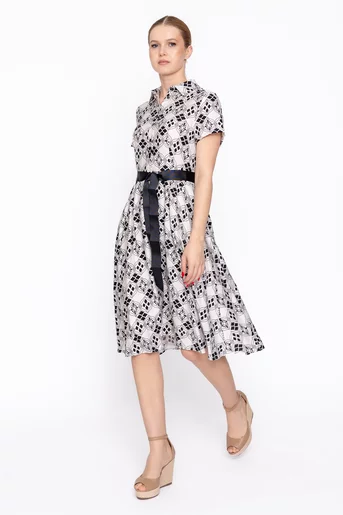 Rochie imprimeu geometric cu cordon ripsat ivory RBD60207