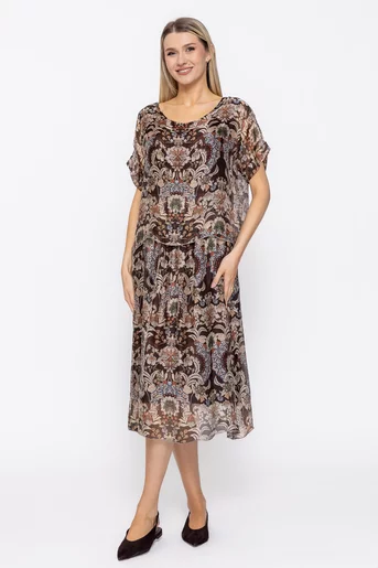 Rochie lejeră din mătase cu imprimeu floral maro RDP60504