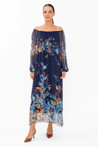 Rochie mătase imprimată bleumarin RHF60801
