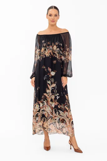 Rochie mătase imprimată neagră RHF60801