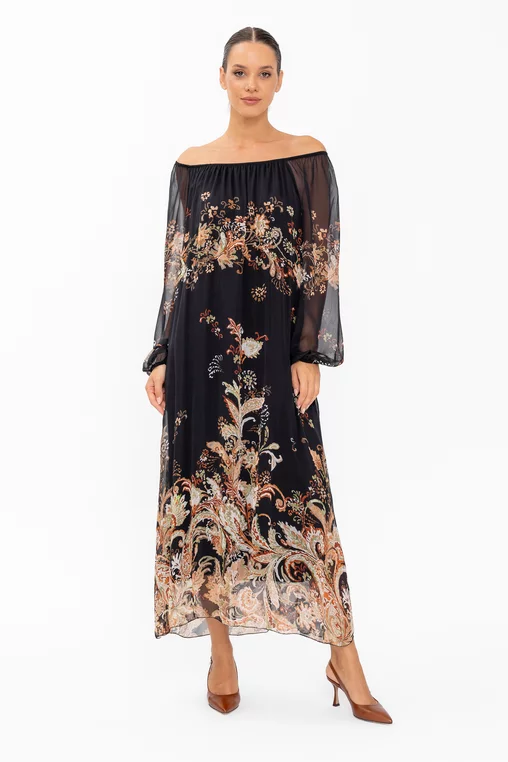Rochie mătase imprimată neagră RHF60801 thumbnail picture - 