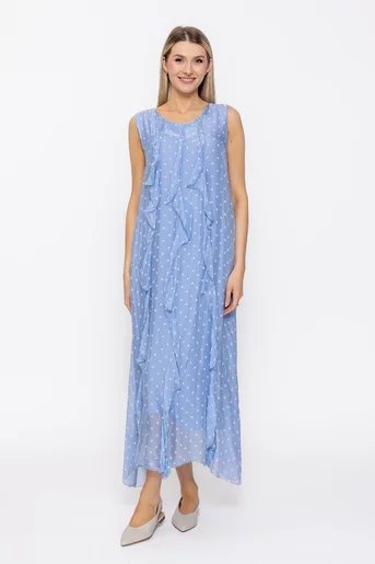 Rochie maxi din mătase cu imprimeu buline si volane bleu RDP60502