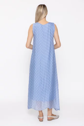 Rochie maxi din mătase cu imprimeu buline si volane bleu RDP60502