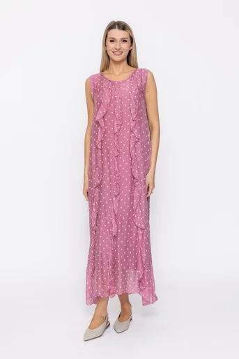 Rochie maxi din mătase cu imprimeu buline si volane roz RDP60502