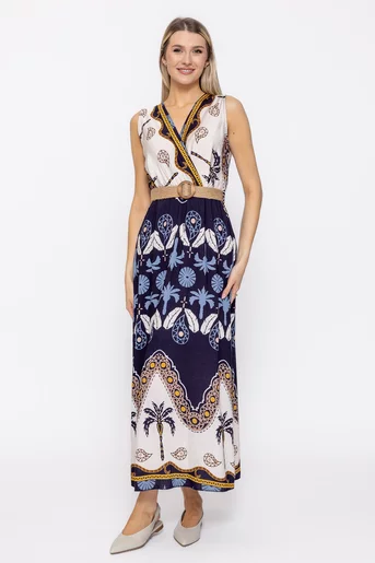 Rochie maxi din vâscoză cu imprimeu tropical și cordon RKC60502