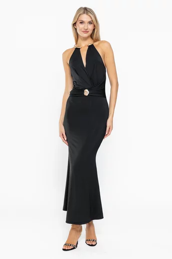 Rochie maxi elegantă cu accesoriu neagră RLO1002