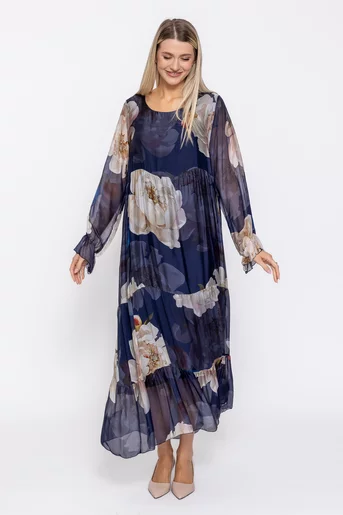 Rochie maxi mătase cu imprimeu floral bleumarin RHF60503