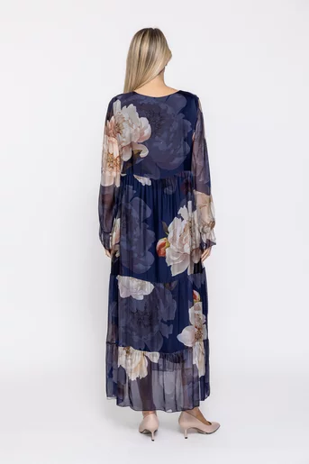 Rochie maxi mătase cu imprimeu floral bleumarin RHF60503