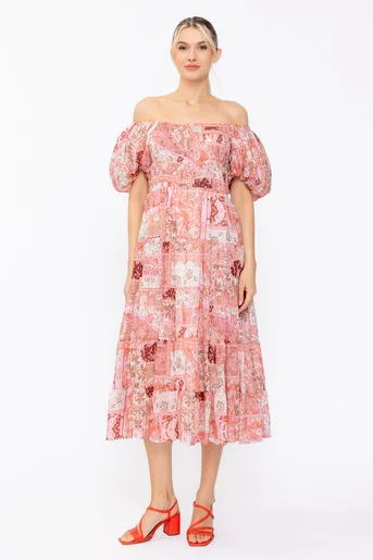 Rochie midi cu bust elastic și mâneci bufante RSM60514
