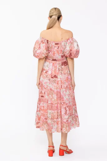Rochie midi cu bust elastic și mâneci bufante RSM60514