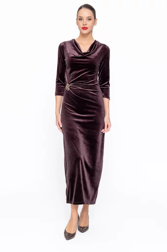 Rochie midi din catifea cu accesoriu maro RKC1111