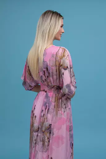 Rochie midi din matase cu decolteu suprapus roz M8450