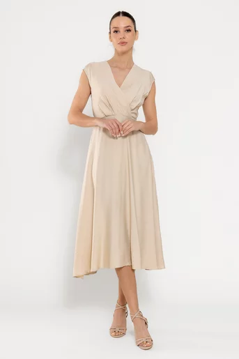 Rochie midi din vâscoză cu cordon bej R8629 36