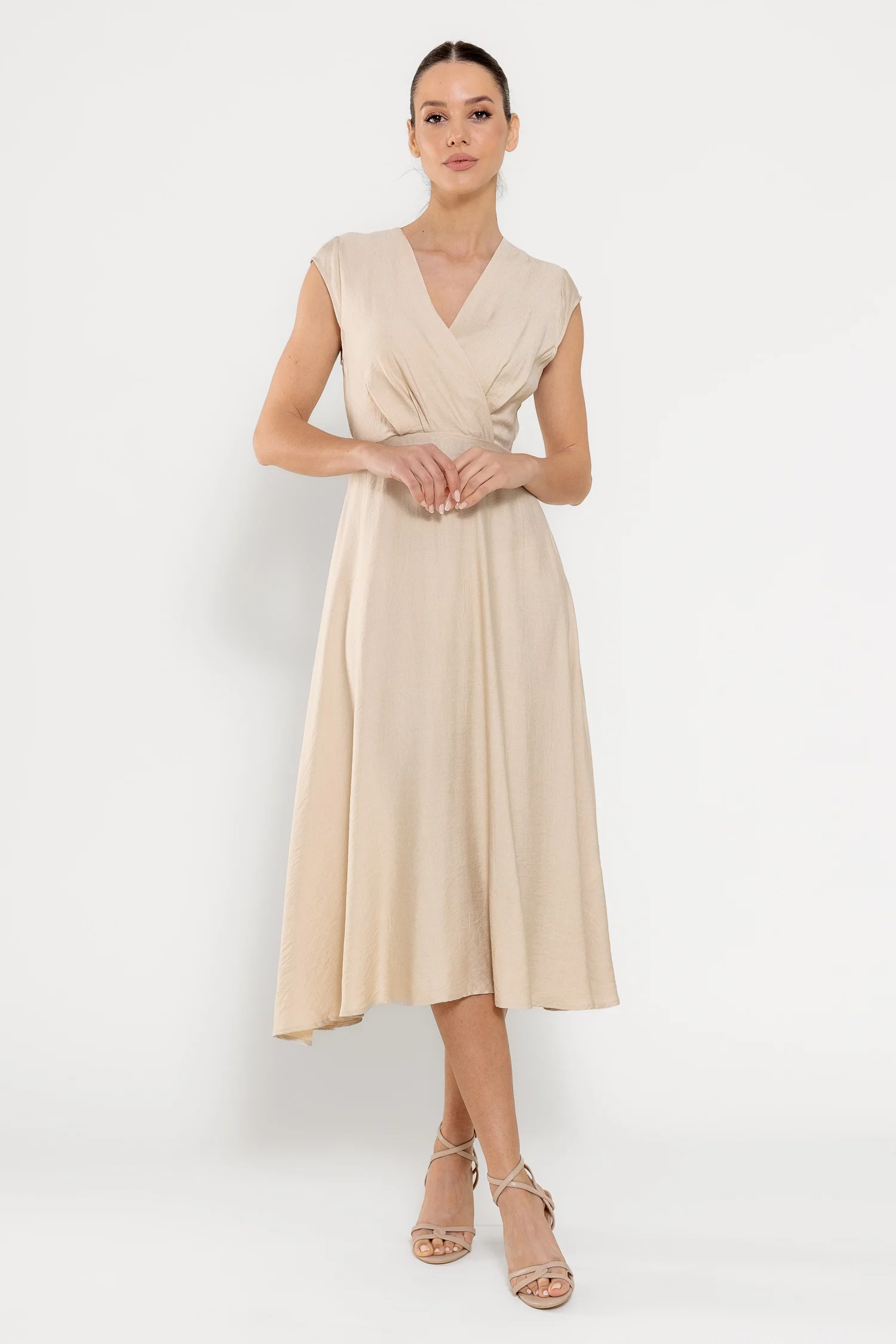 Rochie midi din vâscoză cu cordon bej R8629caramel