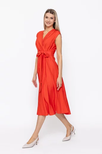 Rochie midi din vâscoză cu cordon corai R8629