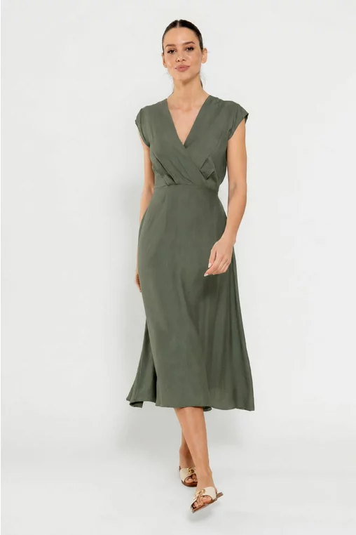 Rochie midi din vâscoză cu cordon kaki R8629 thumbnail picture - 