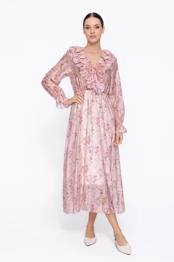 Rochie midi din voal imprimeu floral roz RAM60301