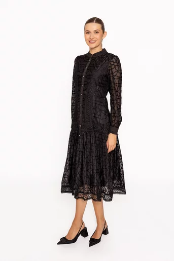 Rochie midi neagră cu dantelă și mâneci lungi  RRS60813
