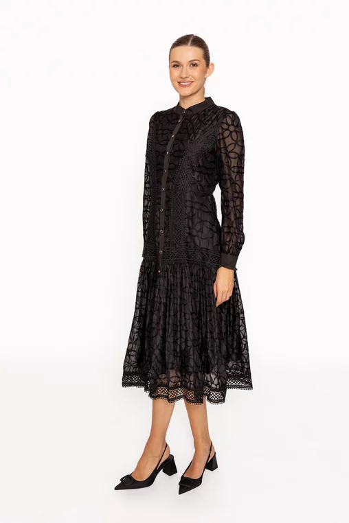 Rochie midi neagră cu dantelă și mâneci lungi  RRS60813 thumbnail picture - 