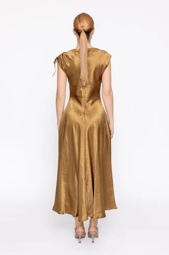 Rochie midi satinată cu șlit lateral aurie  RMO60303