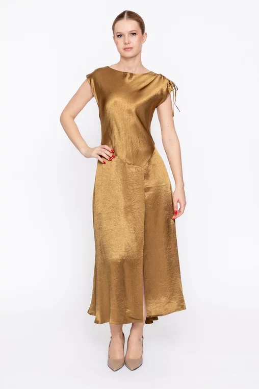 Rochie midi satinată cu șlit lateral aurie  RMO60303 thumbnail picture - 