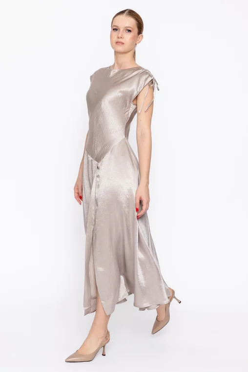Rochie midi satinată cu șlit lateral bej  RMO60303 thumbnail picture - 