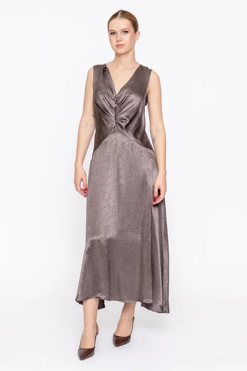 Rochie midi satinată în v taupe RMO60306 thumbnail picture - 