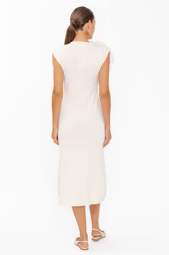Rochie midi tricotată cu accesoriu floare ivory RBD60805