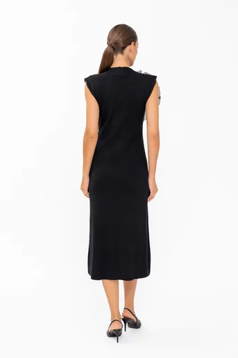 Rochie midi tricotată cu accesoriu floare neagră RBD60805