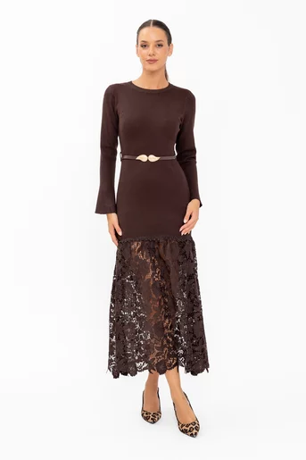 Rochie tricotată cu dantelă inserată și curea detașabilă maro RBD60804