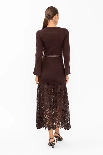 Rochie tricotată cu dantelă inserată și curea detașabilă maro RBD60804