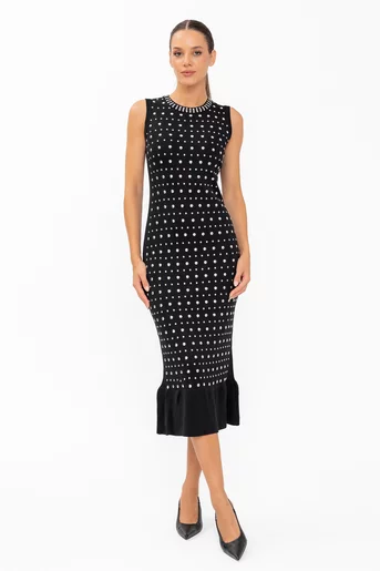 Rochie midi tricotată cu volan și ținte neagră RLM60801