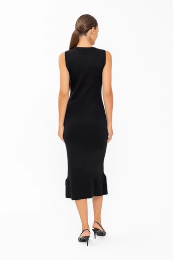 Rochie midi tricotată cu volan și ținte neagră RLM60801