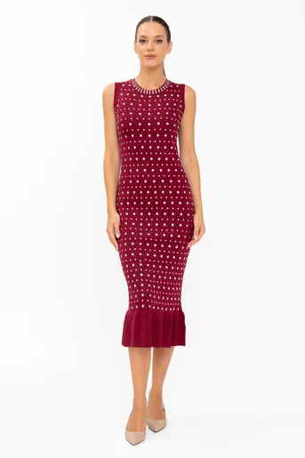Rochie midi triotată cu volan și ținte vișinie RLM60801