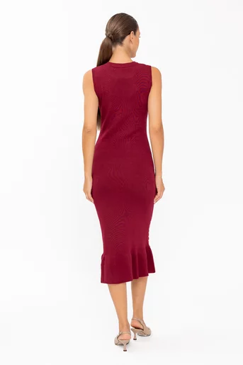 Rochie midi triotată cu volan și ținte vișinie RLM60801