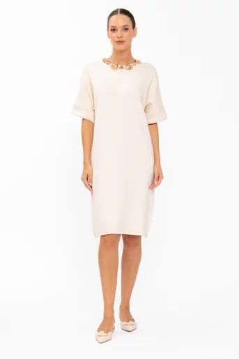 Rochie tricotată cu accesoriu crem RBD60807
