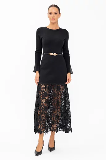 Rochie tricotată cu dantelă inserată și curea detașabilă neagră RBD60804